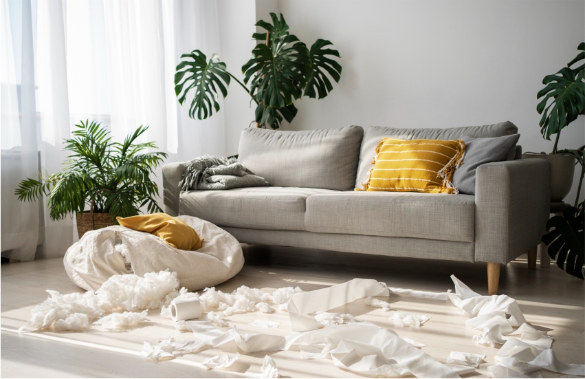 Messy living room with gray sofa, yellow pillows, and plants