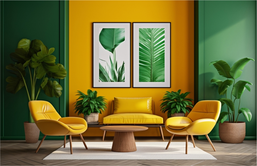Vibrant modern living room with bold yellow and green tones.