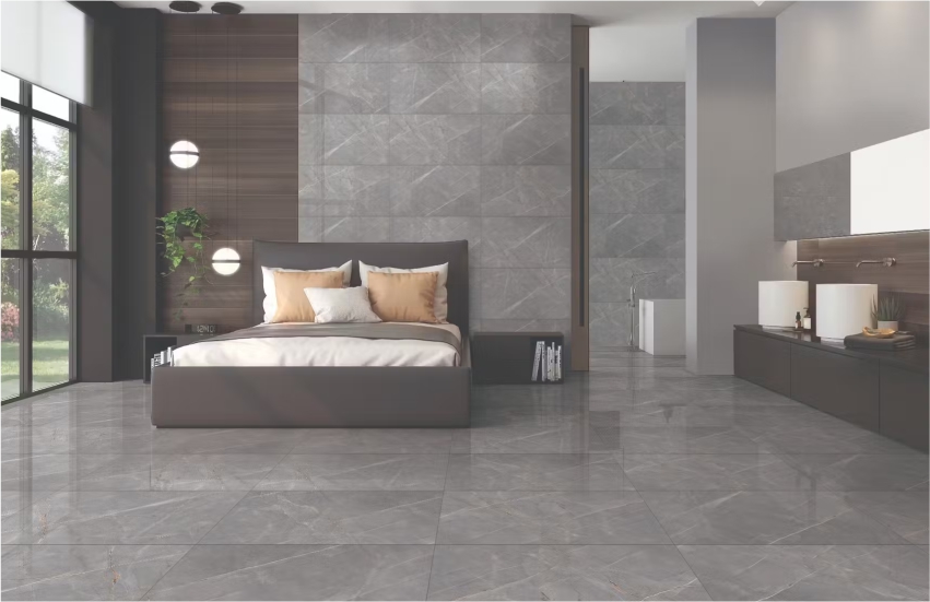 Bedroom with cool grey color scheme for a calm and relaxing atmosphere