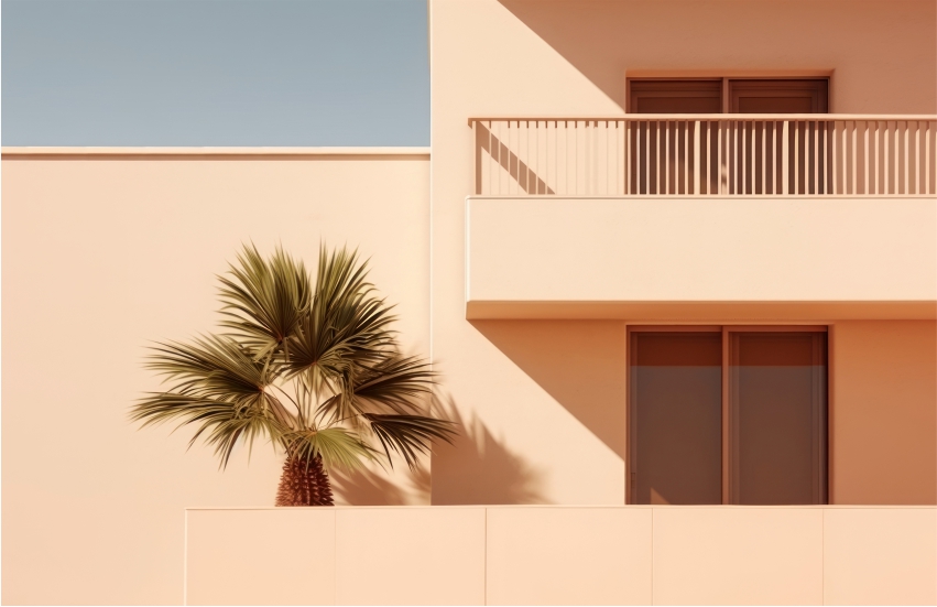 Peach-colored exterior of a modern home