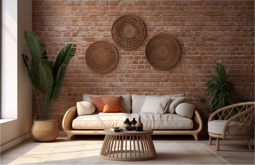 Cozy living room with earthy tones, and exposed brick wall for a natural summer vibe 