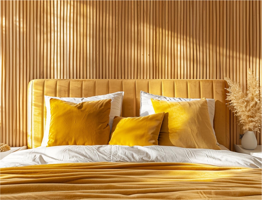 Modern bedroom with a mustard yellow color scheme