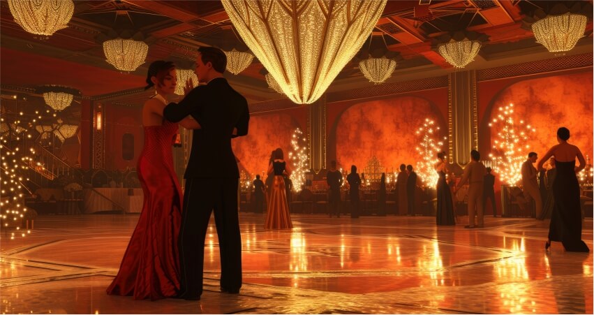 Elegant ballroom with polished wooden flooring, chandeliers, and dancing guests.