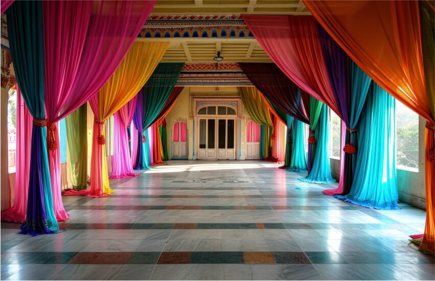 Vibrant wedding hall with multicolored drapes, elegant marble flooring, and traditional decor.