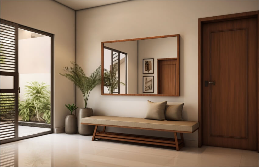 Modern entryway with a large mirror, potted plants, and framed artwork