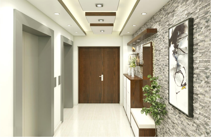 Sophisticated entry with decorative black and white tiles