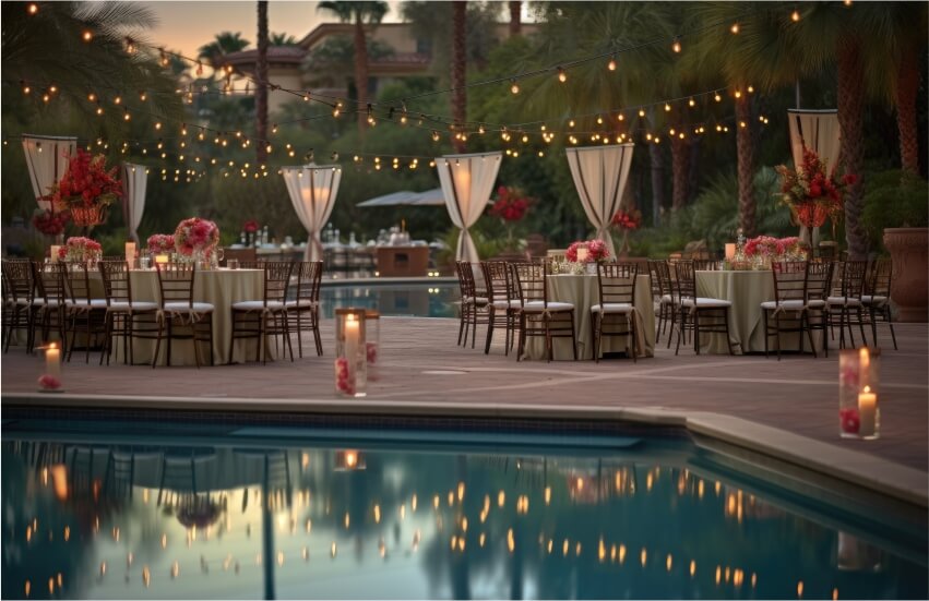 outdoor wedding reception by the pool with elegant decor and anti-skid tile flooring 