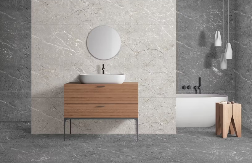 Contemporary bathroom with light grey and dark grey tile combination 