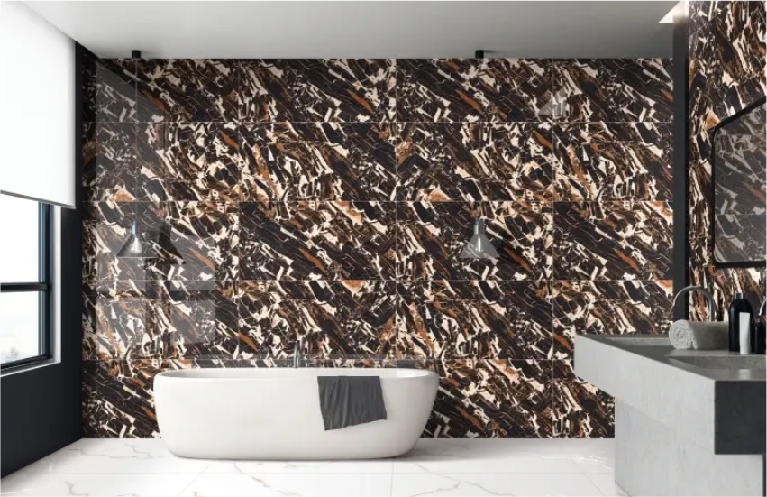 Brown stone tiles on bathroom walls with bathtub and modern wash basin 