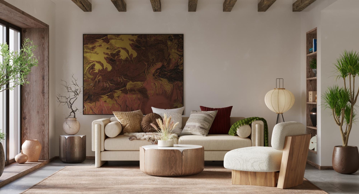  Modern living room with neutral-toned sofa, earthy décor accents, wooden ceiling beams, and large beige floor tiles that enhance warmth and spaciousness