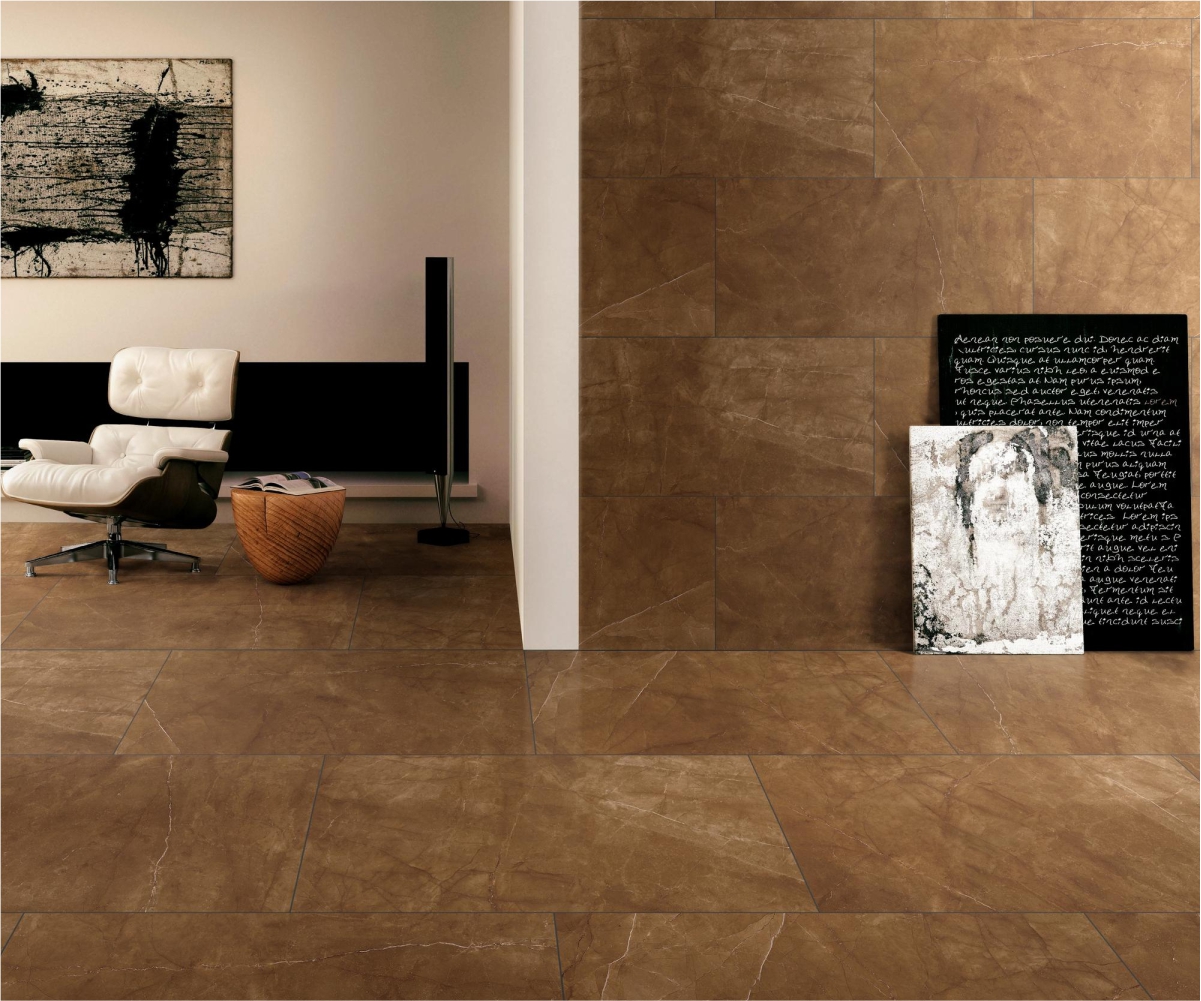  Interior design with brown stone-effect granite tiles, adding warmth and elegance to modern home flooring. 