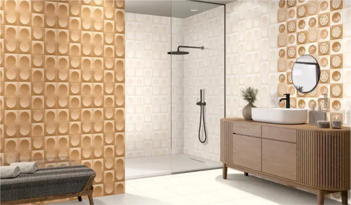 Elegant master bathroom design with minimalist fixtures, featuring Orientbell ceramic wall tiles in soft neutral tones for a modern and luxurious look. 