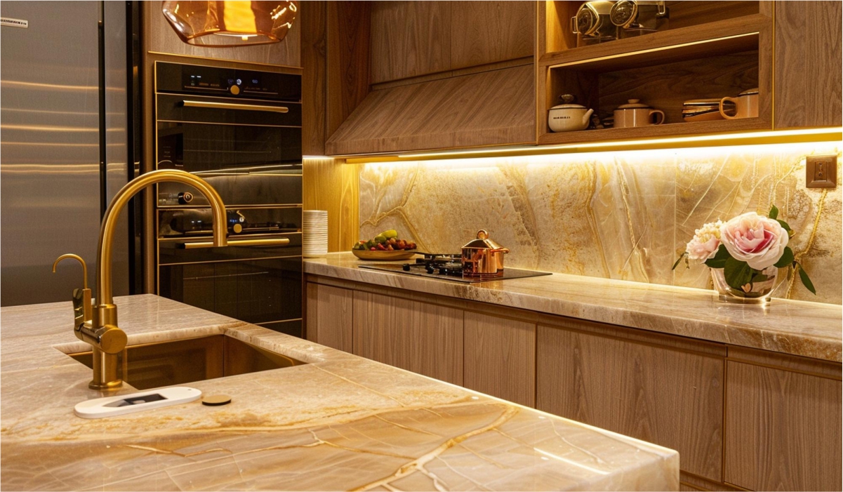 Modern condo kitchen design with gold-tone granite tiles used for countertop and backsplash, adding elegance and durability to the space.
