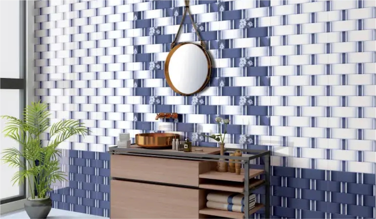 Luxurious master bathroom design with copper basin sink featuring Orientbell 3D blue and white wall tiles for a stylish, modern look.