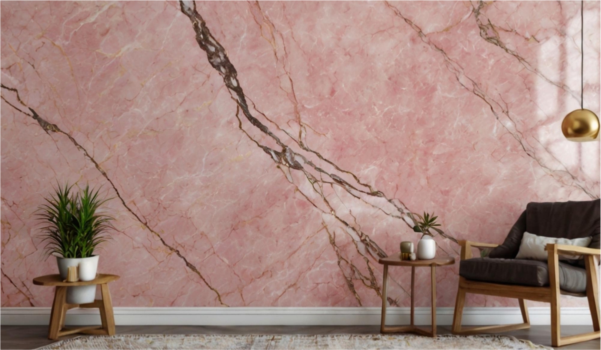  Living room interior with pink accent wall tiles, potted plant, and minimalist furniture for a stylish modern look.