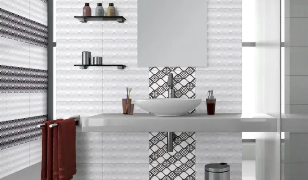Orientbell Vanito Nero 300x450 mm ceramic wall tiles for bathroom design – modern highlight and dark tile combination. 