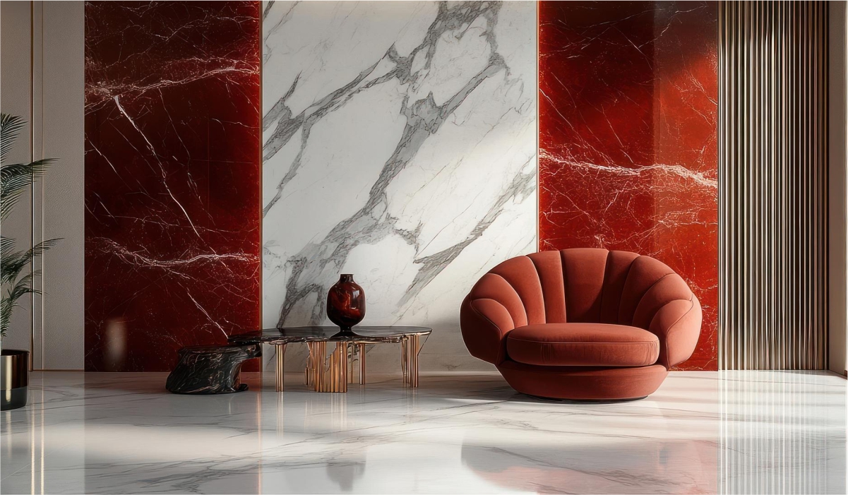 Modern living room interior with red granite accent wall paired with white granite tiles featuring black patterns, styled with a red velvet armchair and glass coffee table. 