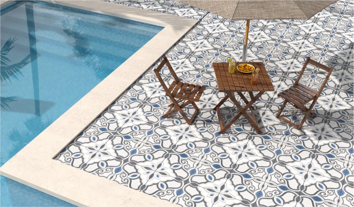 Decorative tile with intricate multi-color inlay pattern, perfect for stylish floor and contemporary interiors. 