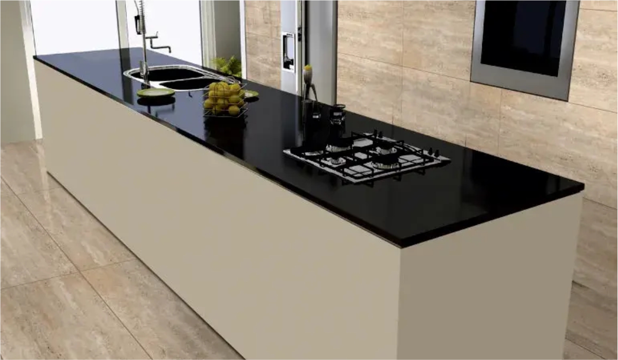 Granalt Royal Black granite-look tile with rich black finish and subtle patterns, ideal for stylish and durable kitchen countertops.