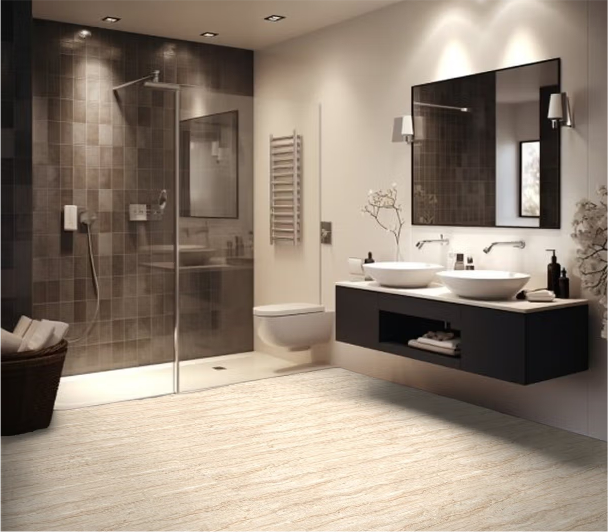 Toilet interior featuring Orientbell PGVT Travertino Marble tiles with a glossy beige marble finish, creating a luxurious and spacious look.