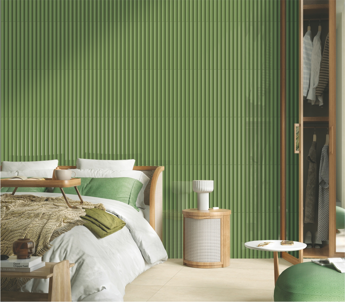 Bedroom interior featuring Light Green Gloss Ridges Subway wall tiles, adding a fresh and vibrant look with glossy textured finish for modern and nature-inspired spaces. 