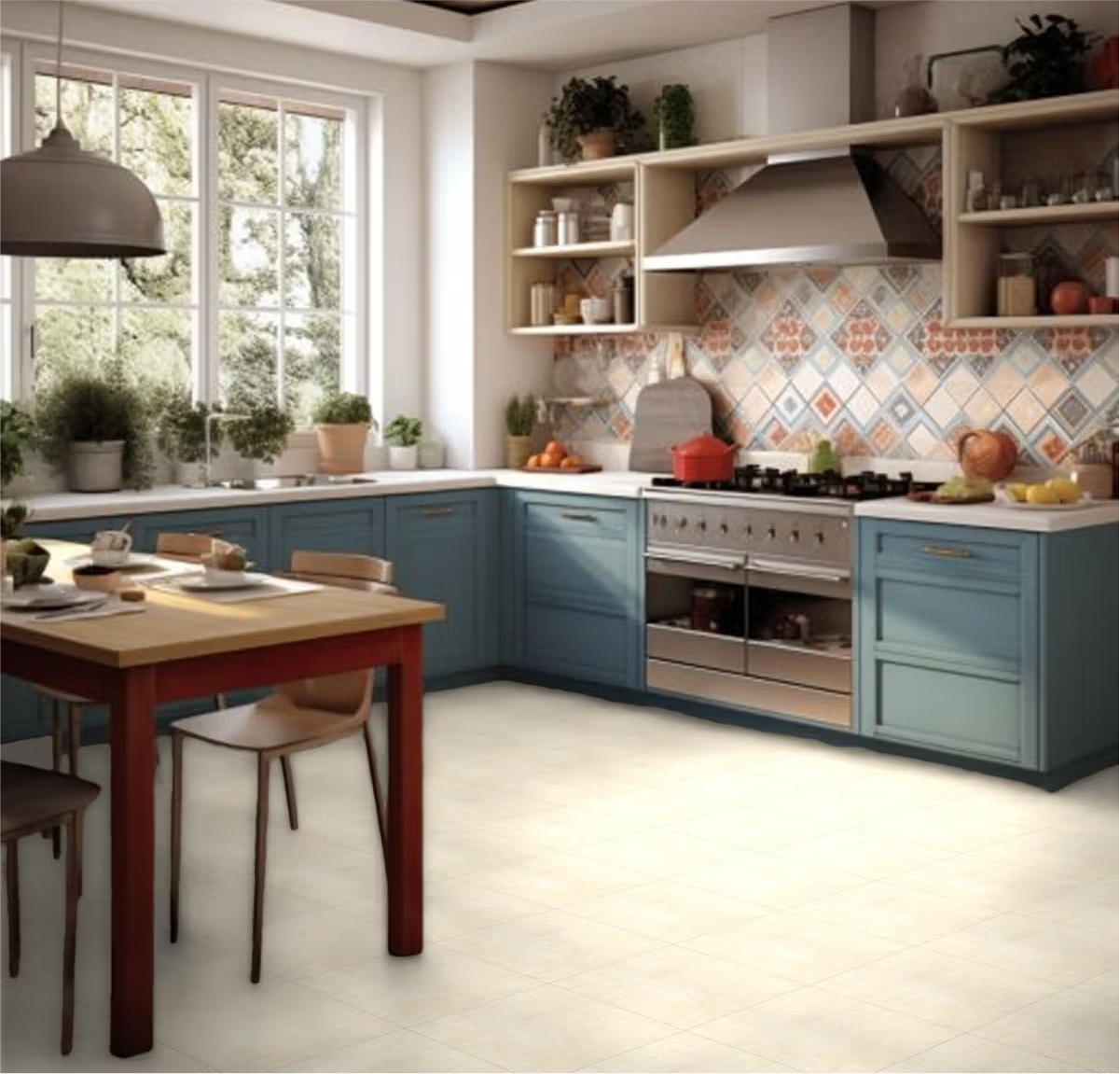 Ceramic floor tile with matte finish, ideal for kitchen interiors, offering a clean, elegant, and easy-to-maintain flooring option.
