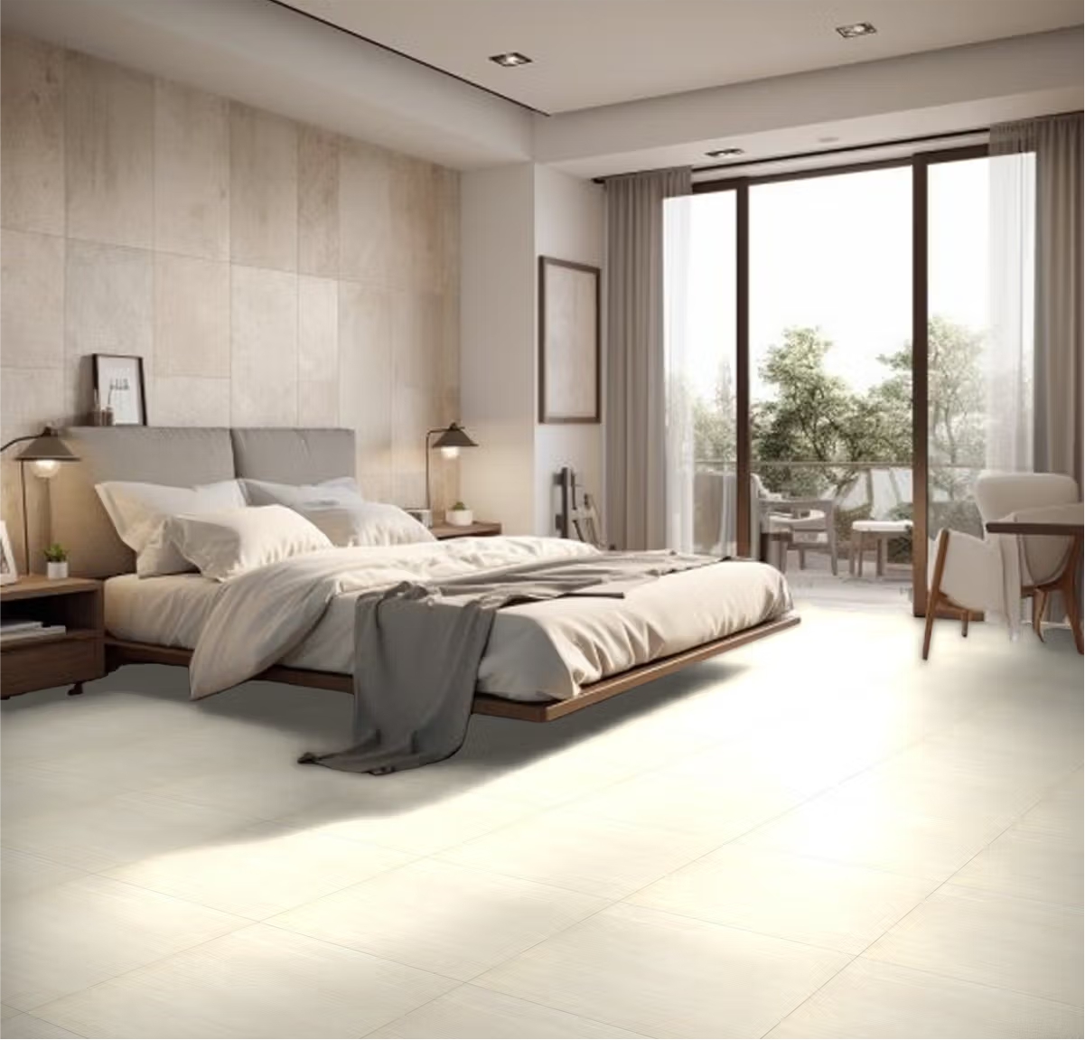 Light porcelain floor tiles with wooden texture, perfect for bedroom interiors, offering a warm, natural, and elegant flooring look.