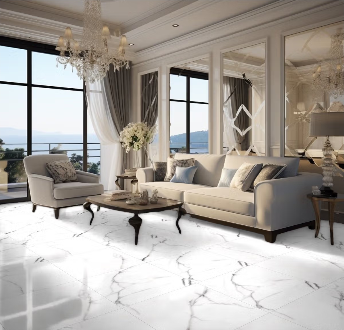 Carara Elegance vitrified floor tiles with glossy finish, perfect for living rooms and modern interiors, adding a luxurious marble-like look with easy maintenance.