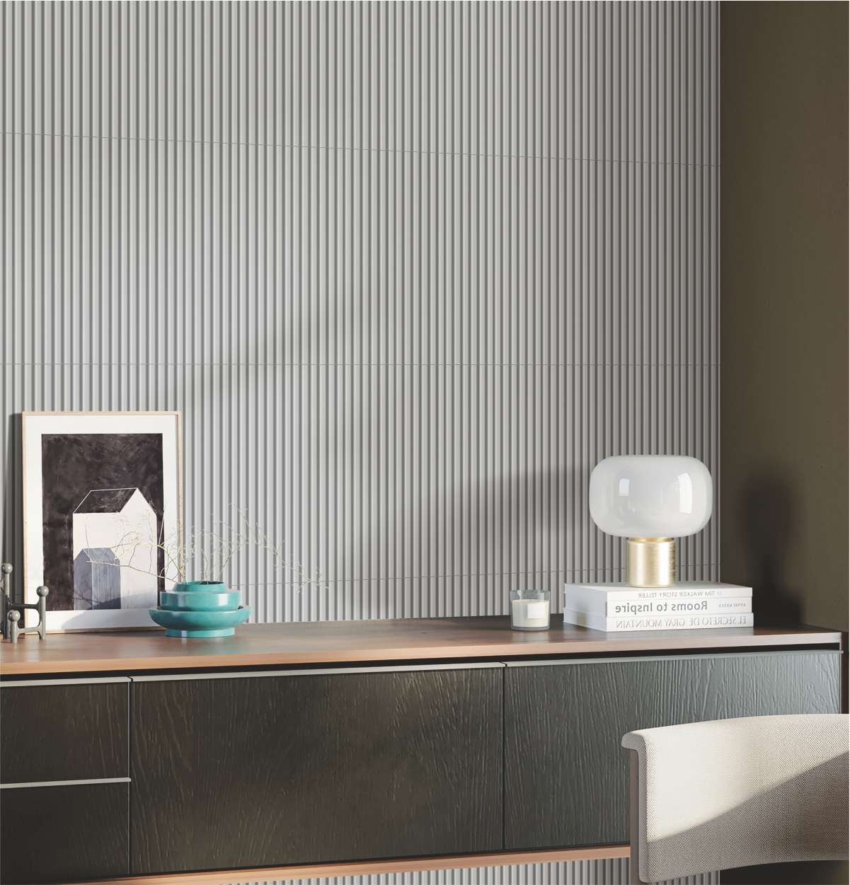 Living room interior featuring Grey Matte Ridges Subway wall tiles, creating a stylish accent wall with subtle texture and a modern matte finish. 