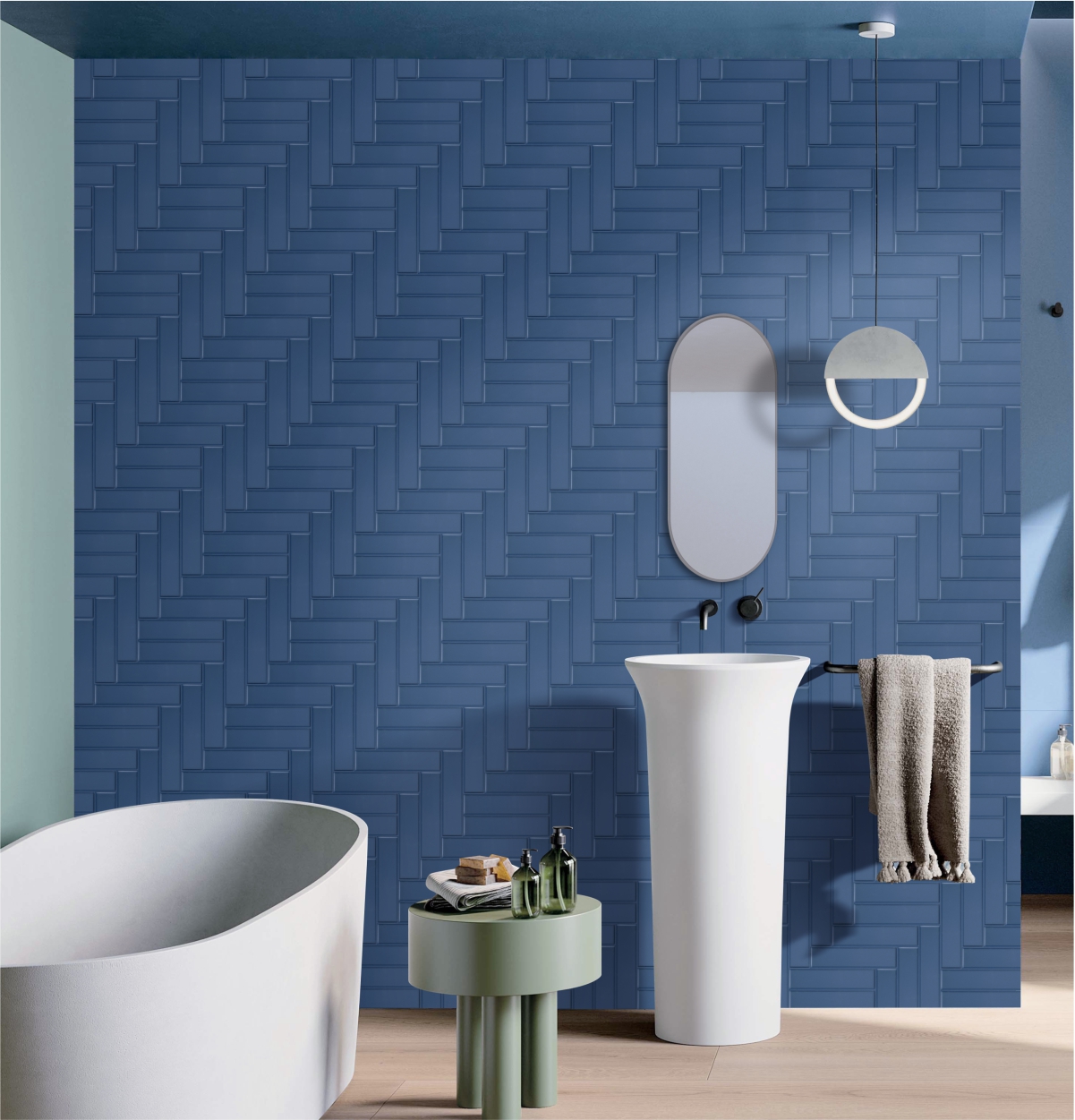Bathroom interior featuring Navy Blue Gloss Sandy Subway wall tiles, creating a bold and elegant look with glossy finish and deep blue tones for modern spaces