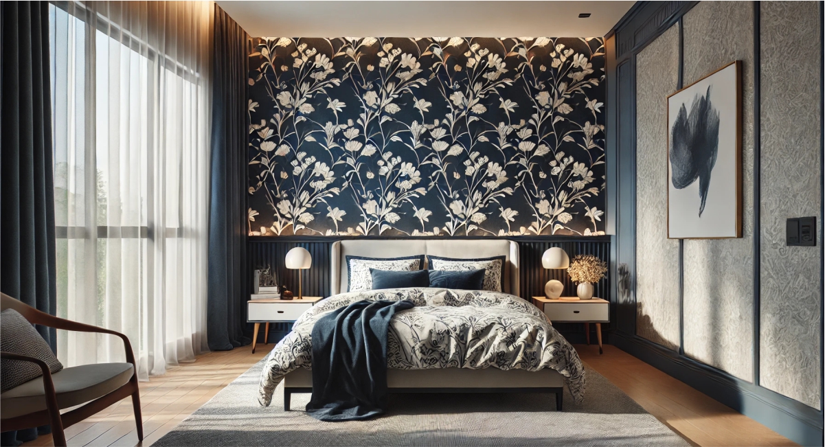 Bedroom interior featuring Minuit Lilly Super Gloss wallpaper tiles with elegant floral design and glossy finish, creating a luxurious and eye-catching accent wall.
