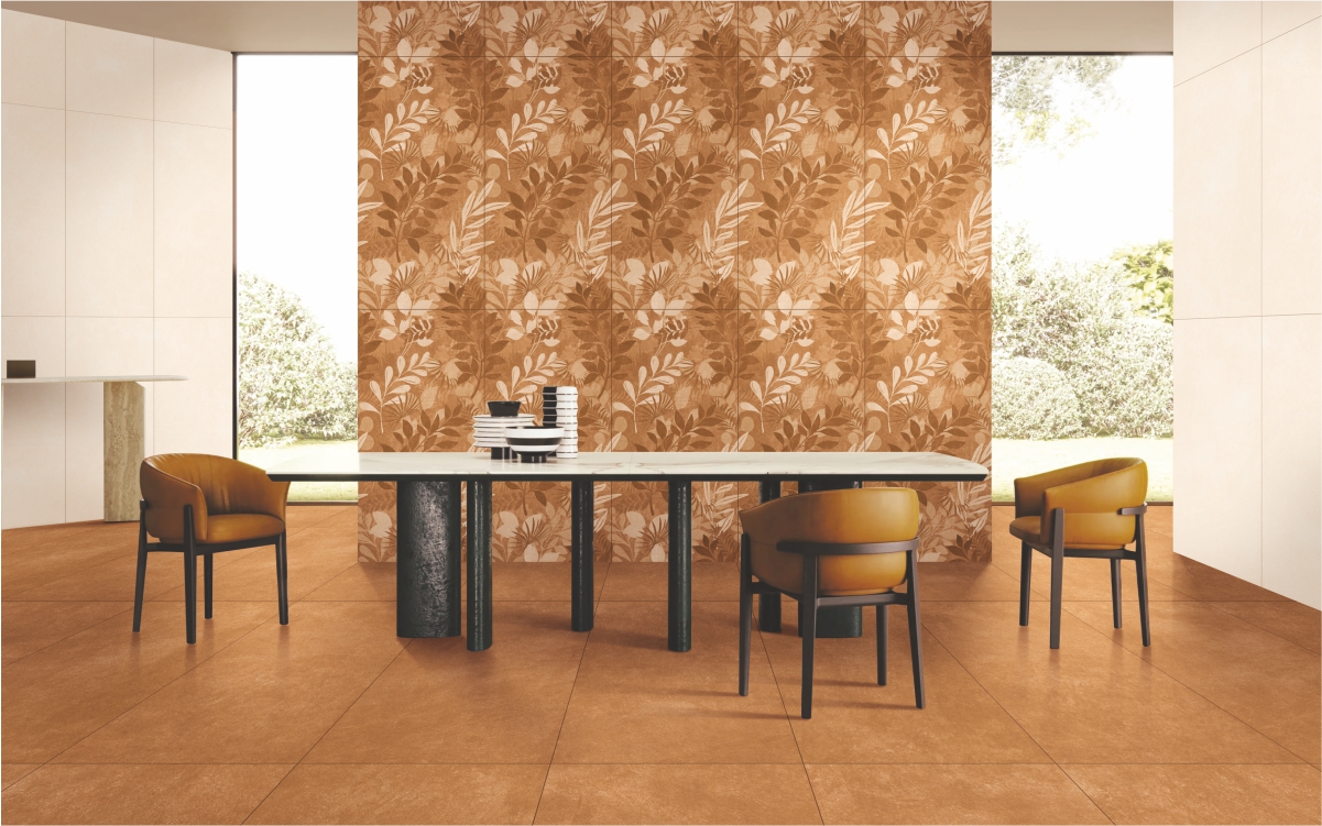 Dining room interior featuring Foliage Sand GHR wallpaper tiles with subtle leaf pattern and matte texture, adding a warm, natural, and elegant touch to the wall décor.