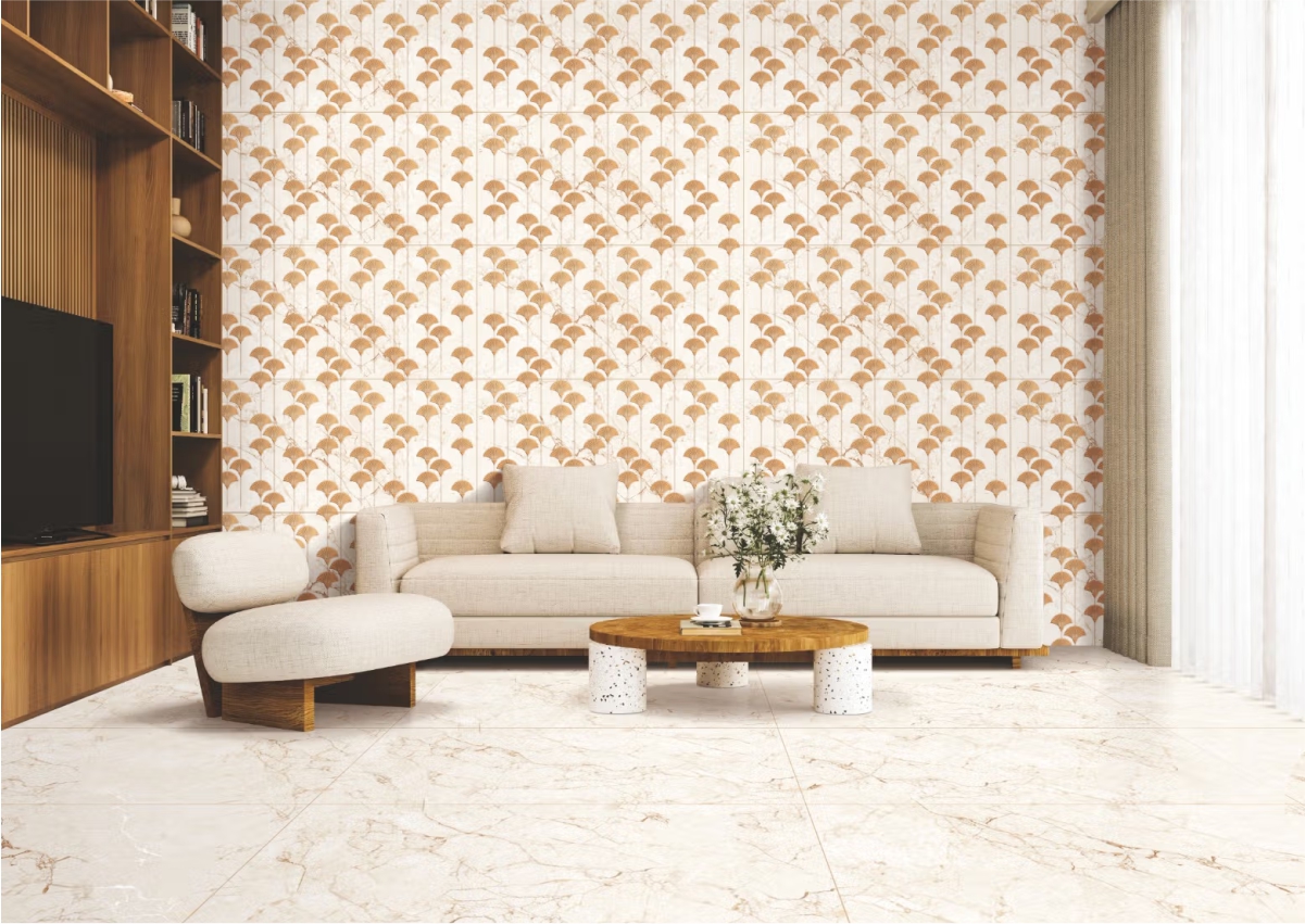 Wallpaper-style wall tiles with elegant floral design, perfect for living room interiors to create a classic, luxurious, and warm ambiance. 