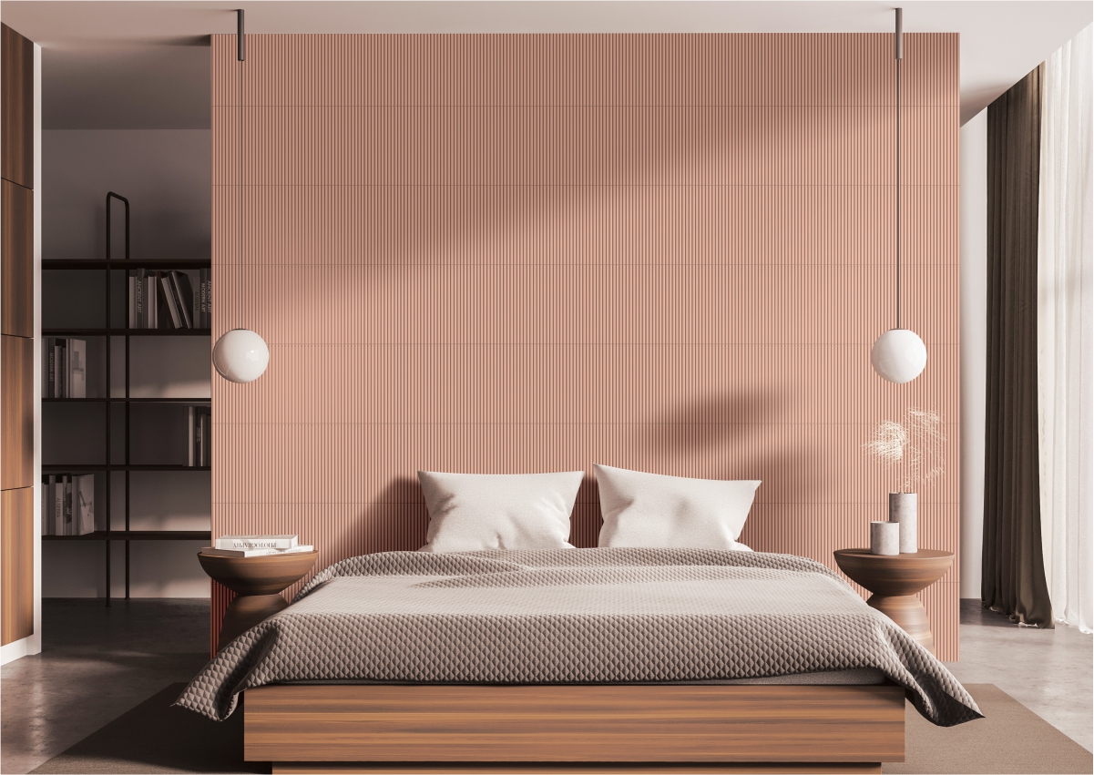 Bedroom interior featuring Caramel Matte Bamboo Flutes Subway wall tiles in 75x300 mm size, adding a warm textured look with elegant matte ridges for a modern, cozy ambiance. 