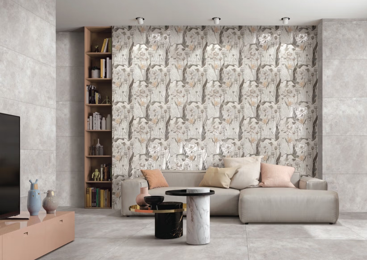 Living room interior featuring Lotus Flowers Art décor wall tiles with a soft floral pattern, creating an elegant and artistic accent wall for modern home décor.
