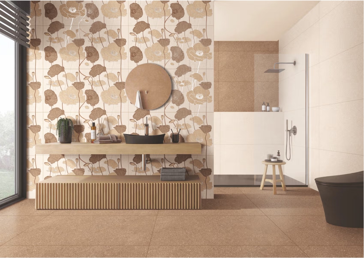  Bathroom interior featuring Poppy Breeze Sandstone wallpaper tiles with soft floral design and matte texture, creating a serene and stylish wall look for modern bathrooms.
