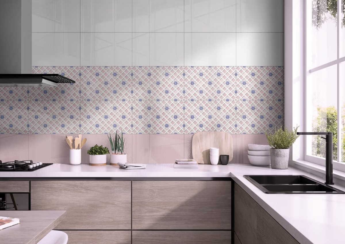 Kitchen interior featuring Floral Grid Pink wall tiles with a soft pink pattern and glossy finish, adding a bright and stylish look to modern kitchen walls.
