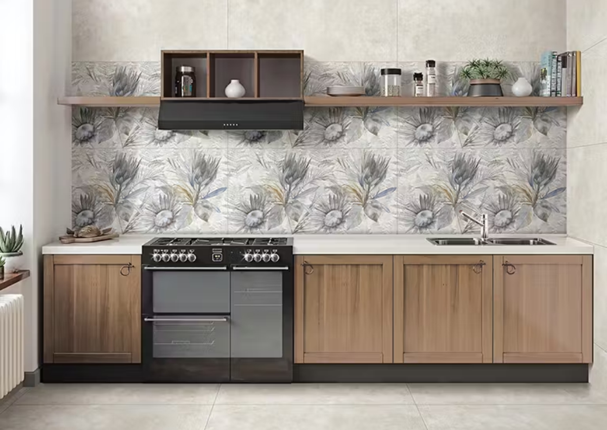 Kitchen interior featuring Protea Flower Art décor tiles with GVT matte finish and floral design, adding a stylish and elegant look to modern kitchen walls.