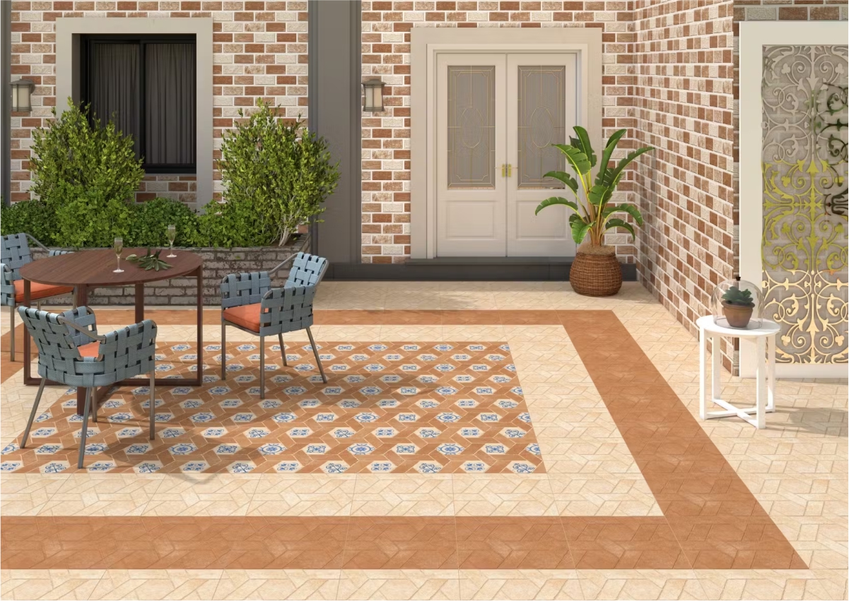  Bronze Hexa Brick Floral patio tiles with matte finish and geometric floral pattern, ideal for outdoor spaces, terraces, and garden seating areas for a stylish, rustic look.