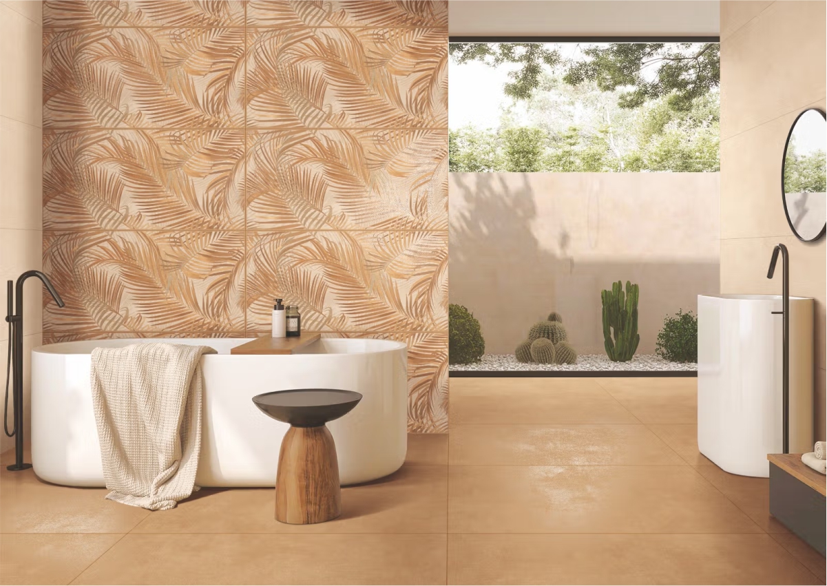 Bathroom interior with bathtub and wooden table featuring Palm Gleam Tuscan wallpaper tiles, showcasing a tropical leaf design in glossy finish for a luxurious and relaxing wall look.
