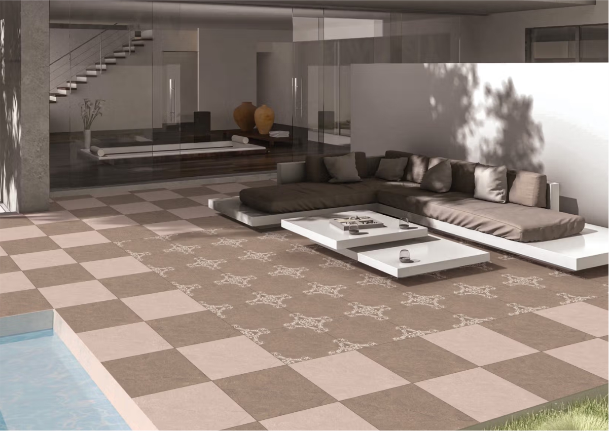 Stylized taupe stone-look ceramic outdoor floor tiles with matte finish, ideal for patios, terraces, and garden pathways for a rustic, elegant look.