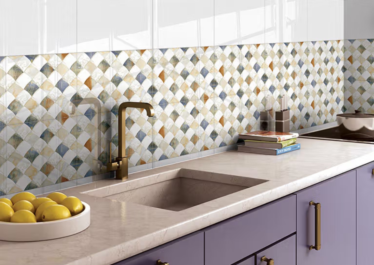 Kitchen interior featuring Grain White ceramic glossy wall tiles with subtle textured design, creating a bright and modern backsplash look.