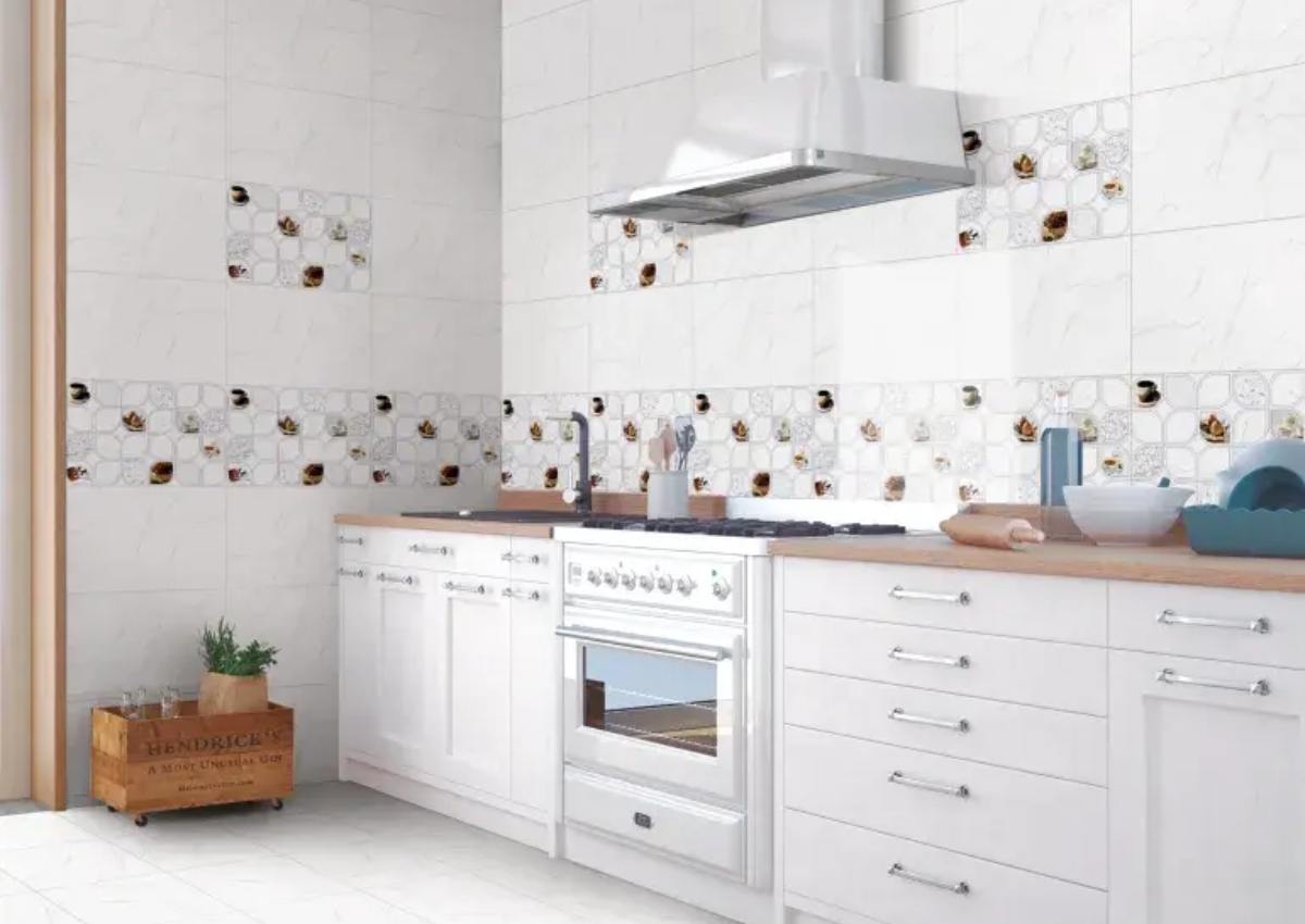 Modern kitchen with white cabinets and digital glossy wall tiles, creating a bright, clean, and stylish backsplash for contemporary kitchen interiors.