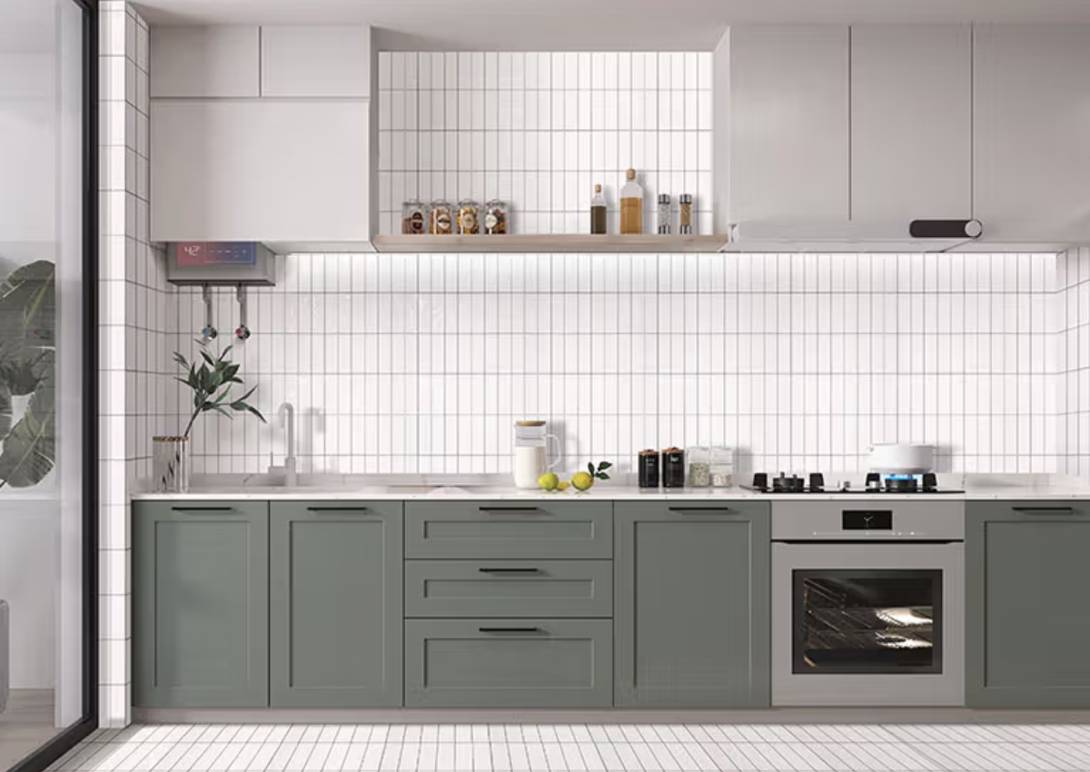 Kitchen interior featuring SFM White Brick 2x6 wall tiles with a clean subway-style design, creating a bright and modern backsplash look.