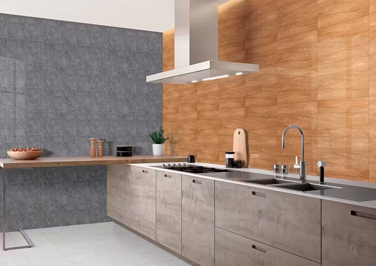 Modern modular kitchen featuring Venezia Oak Wood dark floor tiles paired with Anti-Skid Rugged Silver 300x300 mm tiles, combining wood and stone textures for a stylish, durable kitchen design