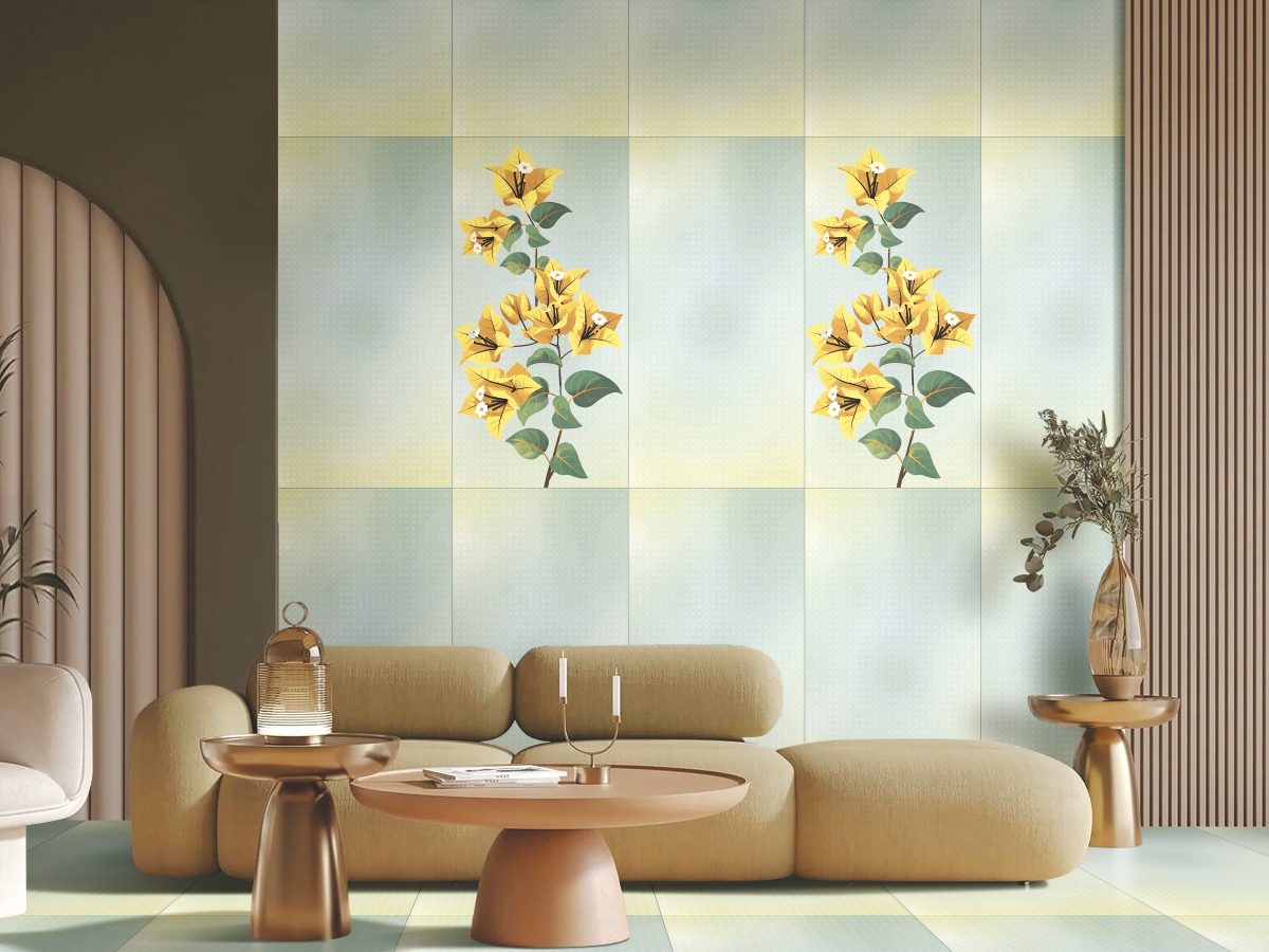 Modern living room interior featuring Yellow Blossom Carving Poster wall tiles on the accent wall, adding a bold floral design and textured artistic look to the space.
