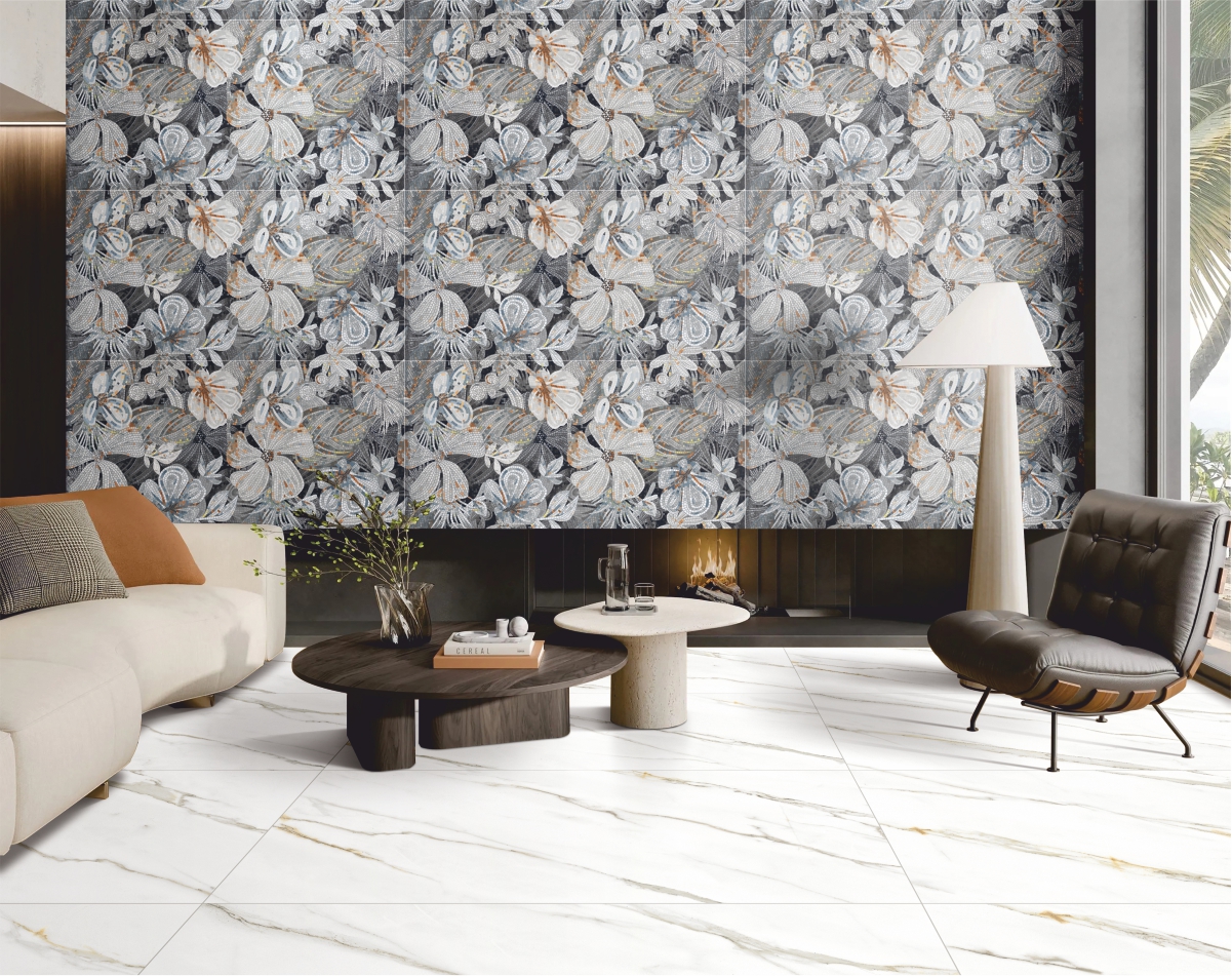 Reading corner with Floral Mosaico Sinker wallpaper tiles featuring a detailed floral mosaic design, creating a cozy and artistic accent wall with soft, elegant tones.
