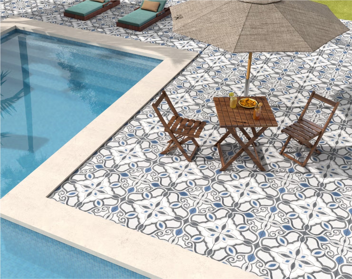 Multi Modern Inlay pool tiles with flat finish and decorative pattern, perfect for pool decks, patios, and outdoor floors for a stylish, modern appearance.