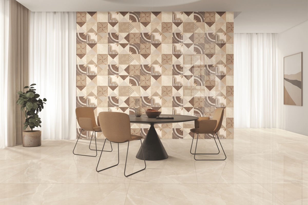 Dining room interior featuring Geo Sabbia Mosaic wallpaper tiles with geometric mosaic design, creating a stylish and modern accent wall.