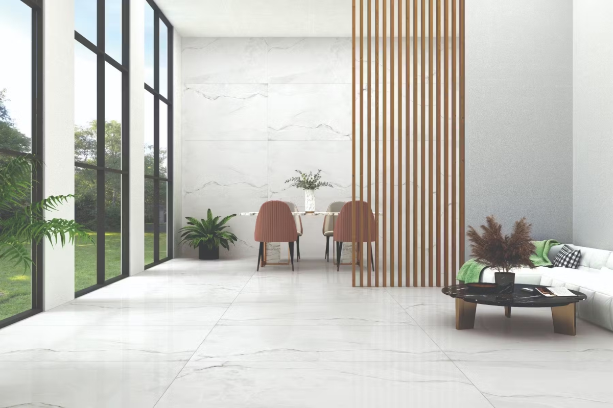 Interior space featuring PGVT Onyx Marble Grey tiles used on both wall and floor, creating a luxurious marble-look design with a glossy grey finish for modern homes.